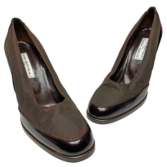 VIA SPIGA Neiman Marcus Brown Textile Leather Block‎ Heel Pumps - Picture 9 of 11